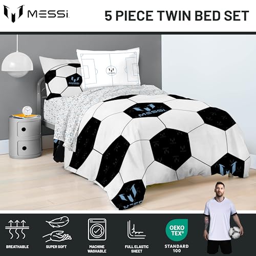 Image of Messi Twin Comforter Set 5 Piece Kids Sports Bedding for Boys, White | Bed in a Bag, Comforter Sheets Sham Pillowcase, Official Brand, Soft Microfiber, Machine Washable, Easy Care, Boys Gift
