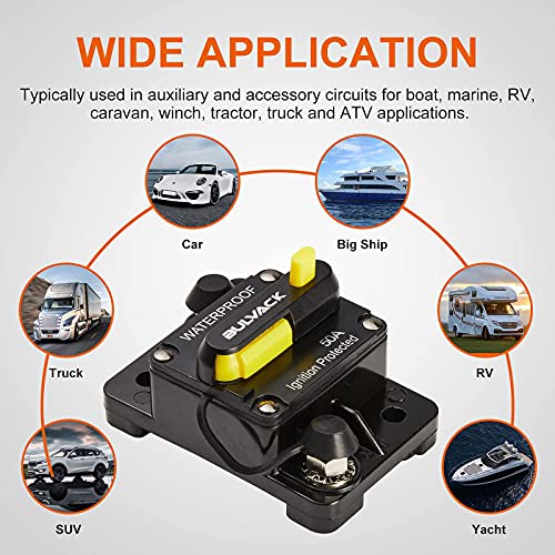 Bulvack 50 Amp Circuit Breaker With Manual Reset For Car Marine Trolling Motors Boat Atv Manual Power Protect For Audio System Fuse, 12V-48V Dc (50A) #TOP5