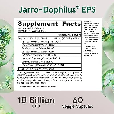 Jarrow Formulas Jarro Dophilus Probiotics 10 Billion CFU - كبسولات مكملات البروبيوتيك لصحة الجهاز الهضمي وصحة الأمعاء للنساء والرجال، 60 كبسولة نباتية، لمدة تصل إلى 30 يومًا، قابلة للتخزين