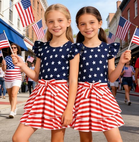Image of Girls Skirt Set 2 Piece Outfit Toddler Summer Clothes Ruffle Sleeve T-Shirt Bow Knot Tutu Skirt Outfit Set