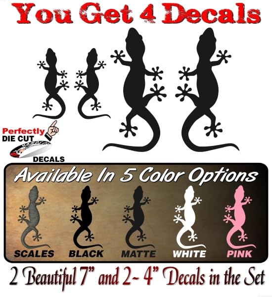 Image of 4 Gecko Climbing Vinyl 4 inch and 7 inch Decal Set Reptile Lizard Cute Car Decals Pet Terrarium Accessories Stickers (4 Matte Black Decal Set)