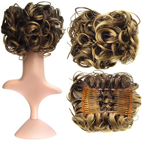 SWACC Short Messy Curly Dish Hair Bun Extension Easy Stretch hair Combs Clip in Ponytail Extension Scrunchie Chignon Tray Ponytail Hairpieces (Dark Blond Brown Mixed -9H19#)
