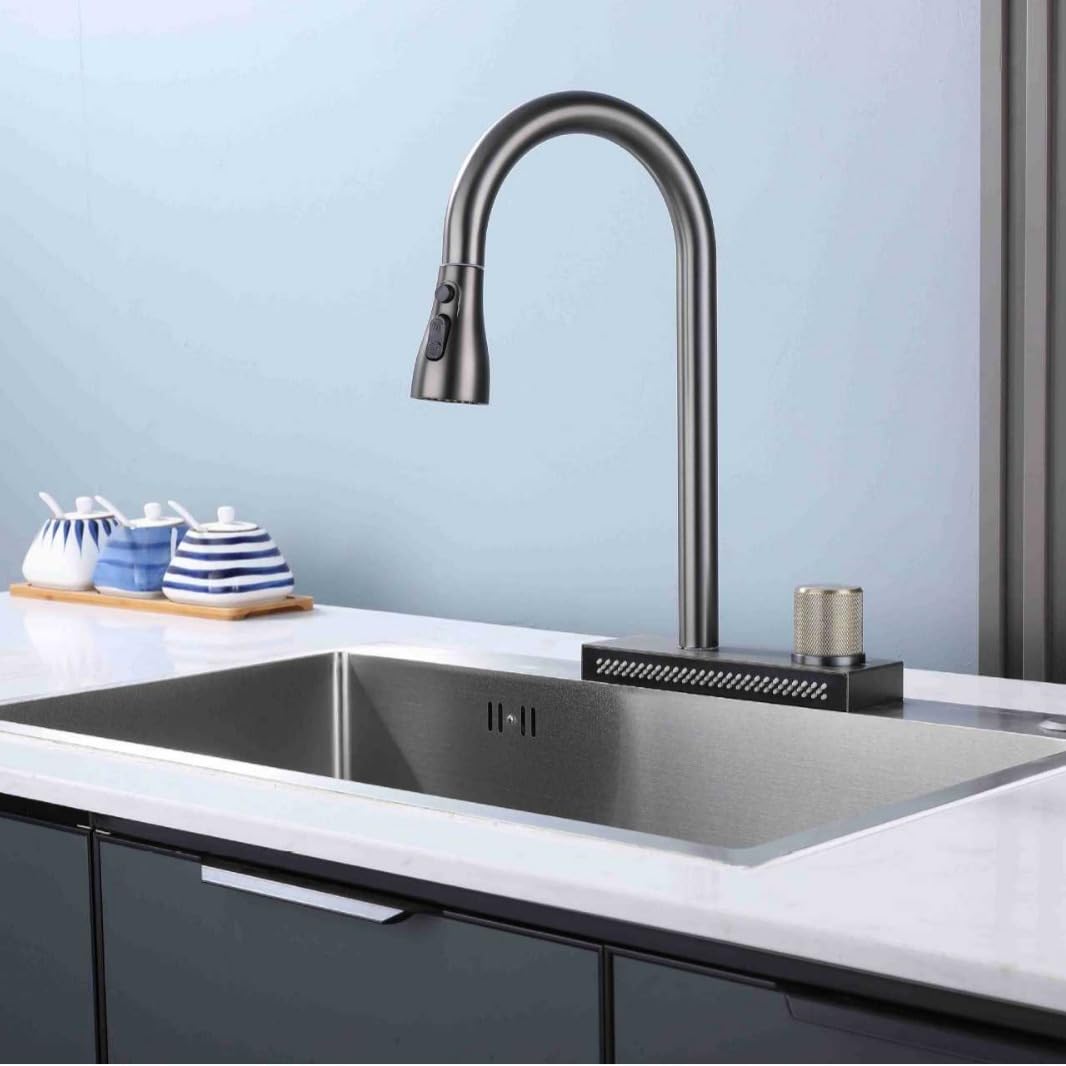 Grifo de Cocina de Acero Inoxidable - Cabezal de Ducha Tipo Lluvia extraíble con diseño de Cascada para Fregadero de un Solo Seno y lavadero de Verduras, Opciones de Doble Orificio