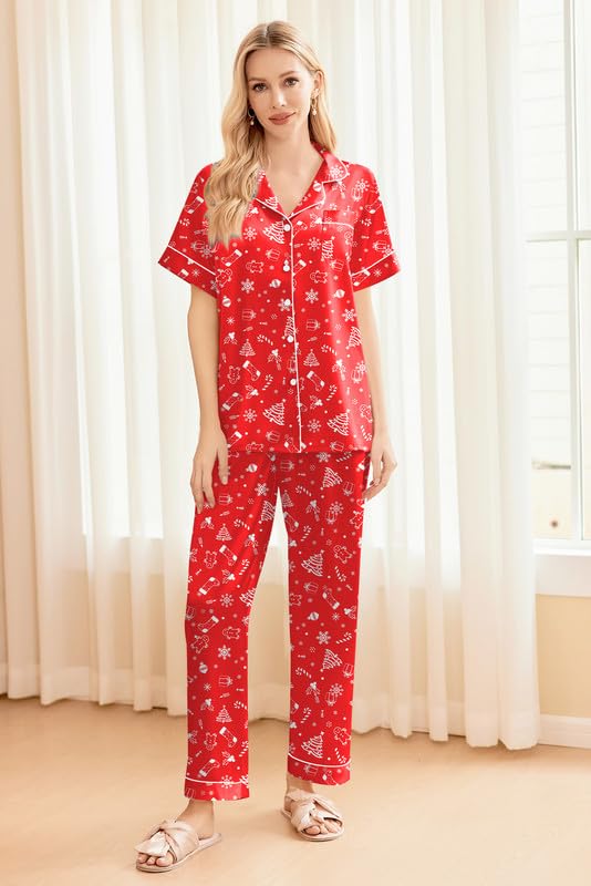 Image of Ekouaer Silk Pajamas for Women Set Satin Soft Short Sleeve Button Down Pjs
