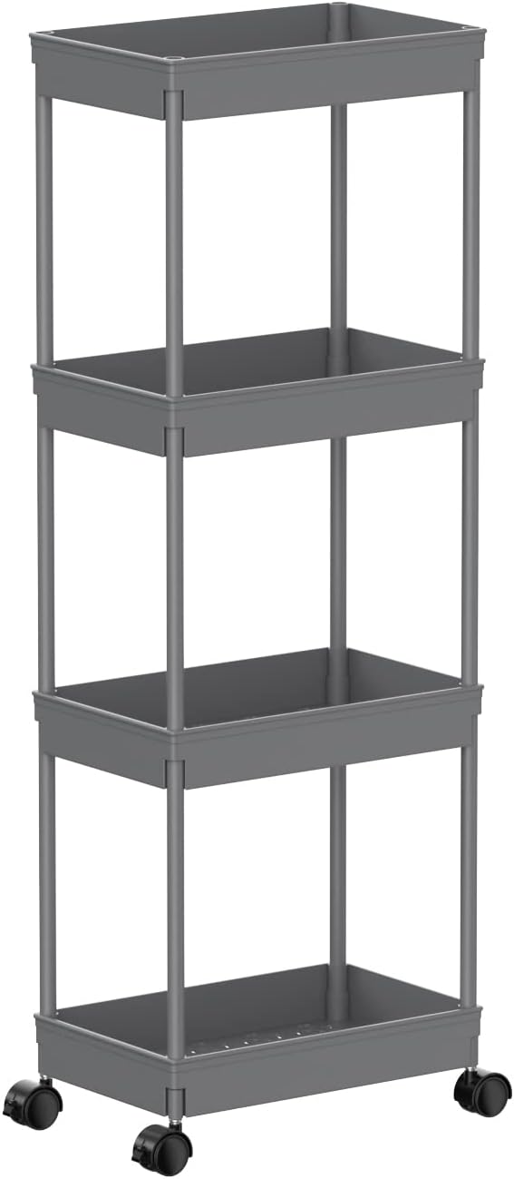 Sooyee 4 Tier Wide Storage Cart Mobile Shelving Unit Organizer Slide Out Storage Rolling Utility Cart Tower Rack for Kitchen Bathroom Laundry, Plastic & Stainless Steel,Grey Wide Grey