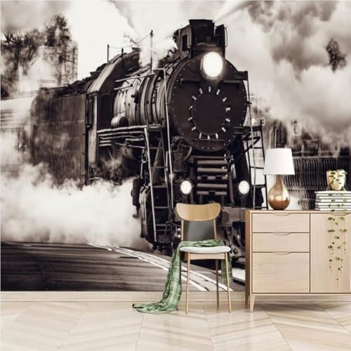Papier peint 3D rétro train à vapeur pour agrandir un salon moderne