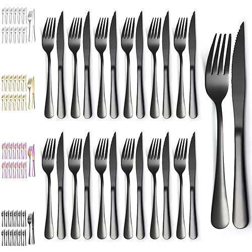 Evanda Schwarze Steakbesteck 24 teilig, Schwarzes Titanbeschichtung Edelstahl 12 Tafelgabeln und 12 Tafelmesser Set, Steakmesser Steakgabeln,...