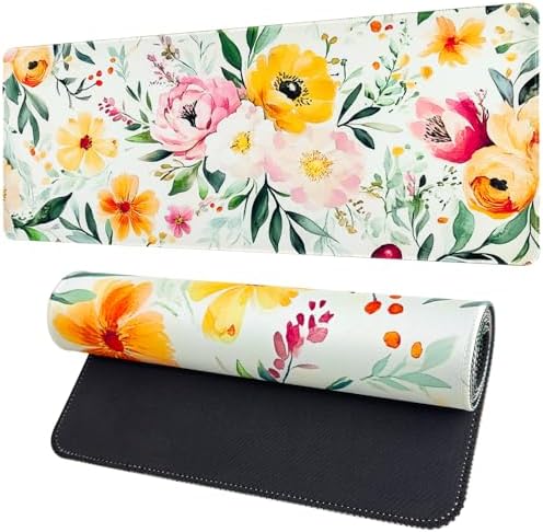 Floral Desk Mat,Cute Large Mouse Pad for Desk, Flower Computer Mousepad with Non-Slip Rubber Base,Girly Keyboard Mouse Pad for Work, Game, Office, Home,31.5 x 11.8 Inch
