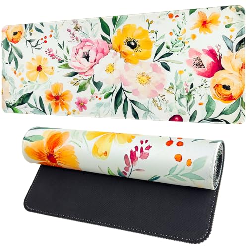 Vanzard Spring Floral Desk Mat,Cute Large Mouse Pad for Desk, Flower Computer Mousepad with Non-Slip Rubber Base,Girly Keyboard Mouse Pad for Work, Game, Office, Home,31.5 x 11.8 Inch
