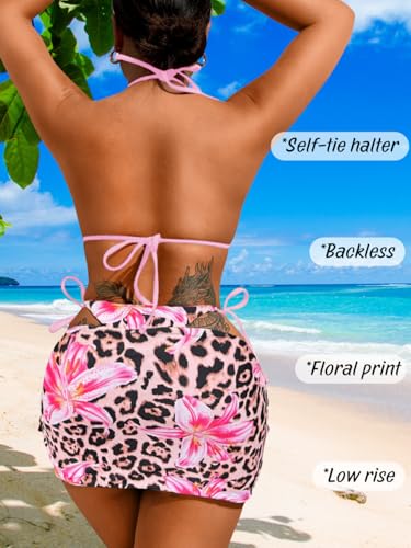 Image of ShawGobow Womens 3 Piece Leopard Bikini Set,Triangle String High Cut Thong Sexy Swimsuit & Coverup Skirt,Pool Party Outfit