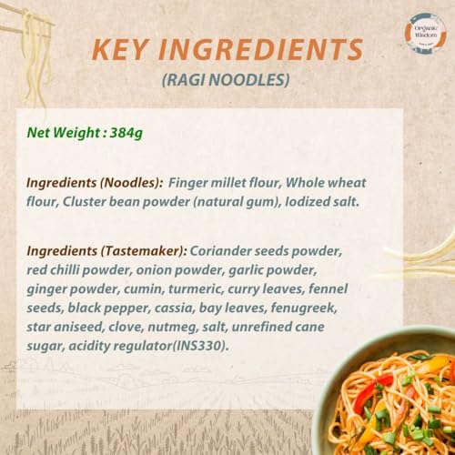 Image of Organic Wisdom Ragi Noodles (Finger Millet) | Healthy Millet Noodles, Pack of 2 - 192g Each | No Maida, Not Fried, Sun Dried | No MSG, No Junk | High Calcium, Iron & Protein | Tastemaker Inside