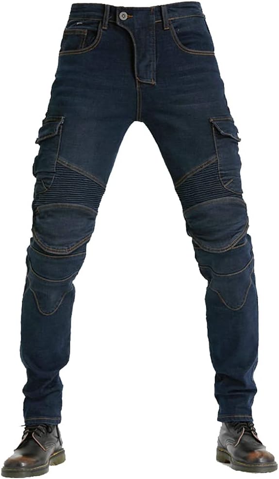 Men Motorcycle Motorbike Protective Pants Reinforced Denim Trousers Lined Protective CE Approved HIP & KNEE Removable Armored (Blue,XL)