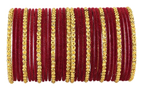 Image of NMII Premium Glass & Golden Beads Velvet Bangle Set For Women and Girls | Velvet Chudi | Traditional Chudi Set | Designer Girl's Bangles Bracelet | Wedding, Party, Festive, Daily- Set of 34