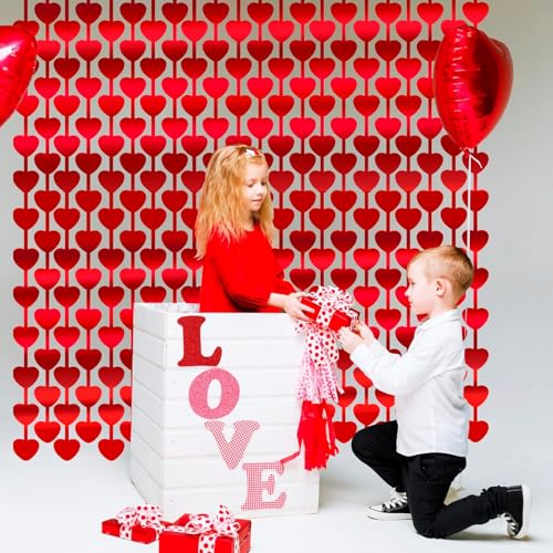 Image of LOLStar 5 Pack Valentines Decorations,Valentines Party Decoration,3.3x6.6ft Red Heart Shape Tinsel Foil Fringe Curtain Valentines Photo Backdrop,Streamer Backdrop for Birthday,Engagement,Wedding