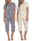 Ekouaer 2 Pack Pajamas for Women Set Short Sleeve 2 Piece Pjs V Neck Tops & Capri Pants Lounge Sets with Pockets S-3XL