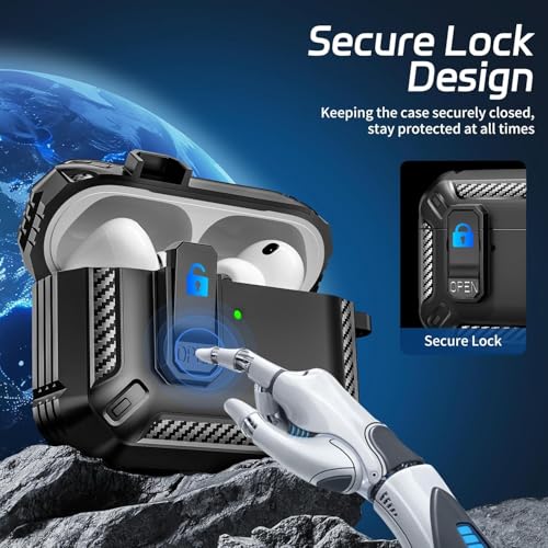 Image of Meyaar for AirPods Pro 3 Case, Clear Magnetic Automatic Lock Cases with Phone Stand with Keychain Case for Airpod Pro 3 for Men & Women (Carbon Fiber Black)