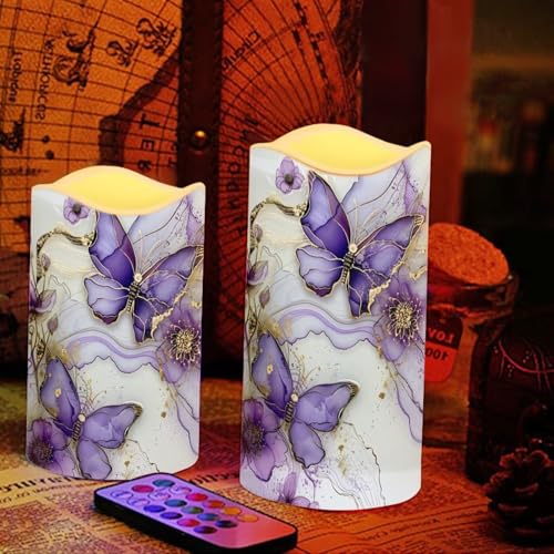 Image of Purple Butterfly LED Pillar Candles Bulk Set of 4 with Timer Remote Color Changing Electric Fake Candles for Home Decorations