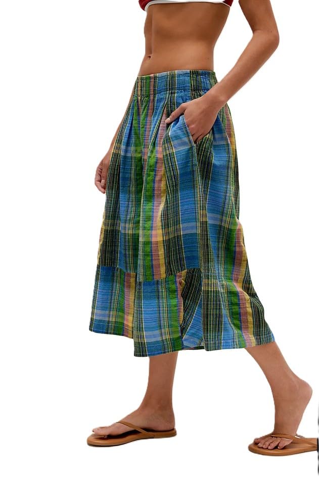 Womens Summer Boho Wide Leg Culotte Pant Elastic Waisted Colorful Plaid Capri Pants with Pockets