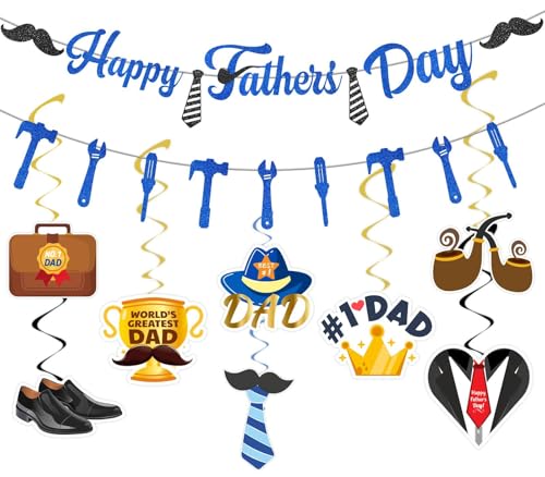 Image of 32 PCS Happy Fathers Day Banner Hanging Swirls Set - Happy Father's Day Party Decorations Supplies for Dad Birthday Party