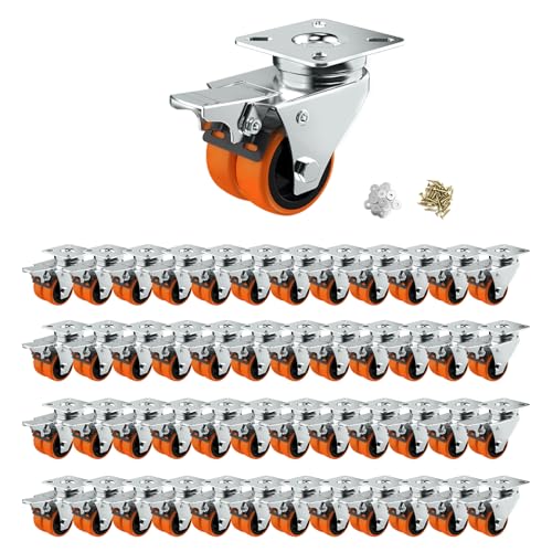 Image of Caster Wheels, 2inch Casters Set of 48 Heavy Duty, Two-Wheeled Orange TPE Casters with Brake, Double-Wheeled Swivel Plate Locking Castor Wheels Widely Used in All Kinds of Furniture.(48 Pack)
