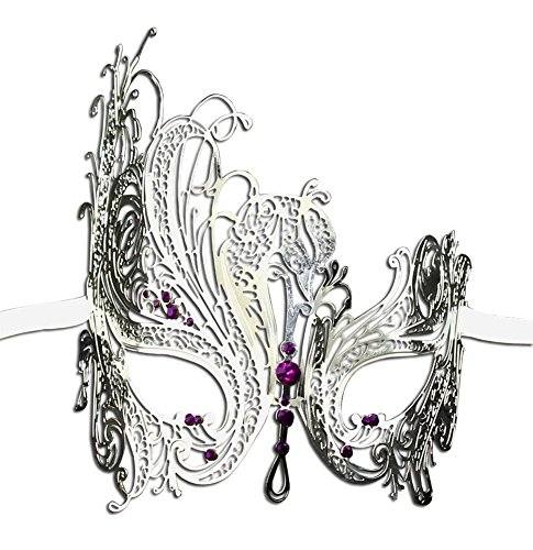 Metal Filigree Masquerade Mask for Women - Swan Style Mask with Rhinestones for Mardi Gras, Prom, Halloween & Venetian Party