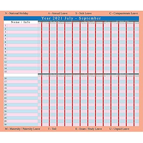 2022/2023 Staff Leave Planner - 4 Large Office Wall Charts - Each Quarter on a Large Sheet of Paper 70 cm W x 61 cm H; Space for Up to 30 Staff (1 Set - 4 Sheets, 1 of Each) Cover