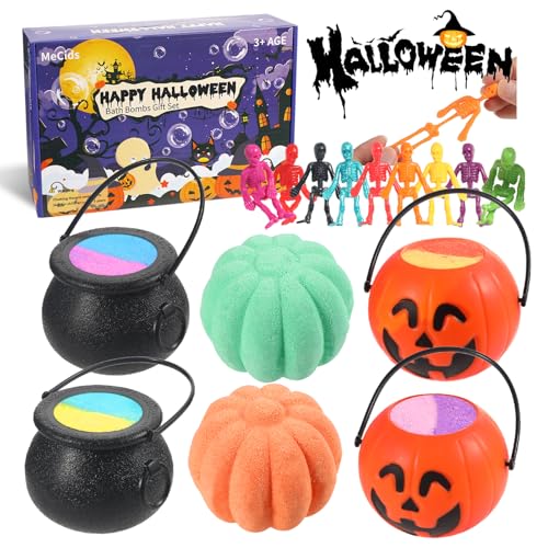 MeCids Halloween Bath Bombs for Kids 6 Pack – Pumpkin Bath Bombs Pumpkin Bucket Witches Brew Cauldron Decor – 9 Stretchy Skeleton Toy for Kids Halloween Toys