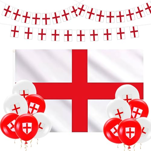 Solihigh England Flags with 30pcs England Bunting Flags and 12pcs St Georges Flag Balloons for World Cup Football 2026 Party Decorations Garden Street Bar Indoor Outdoor