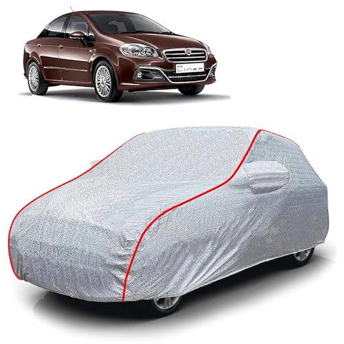 Image of Sulfar 100% Waterproof Car Body Cover Compatible with Mirror for Fiat Linea (Triple Stitched, Full Bottom Elastic, Magic Silver with Red Piping)