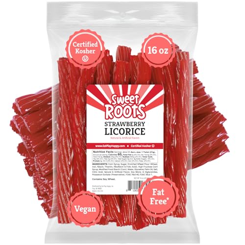 Sweet Roots Strawberry Licorice Twists – 1 Bag (16 oz) – Jumbo Size Licorice Sticks | Made with Real Fruit Juice Concentrate | Vegan, Fat Free, Kosher | Soft Gourmet Licorice Candy