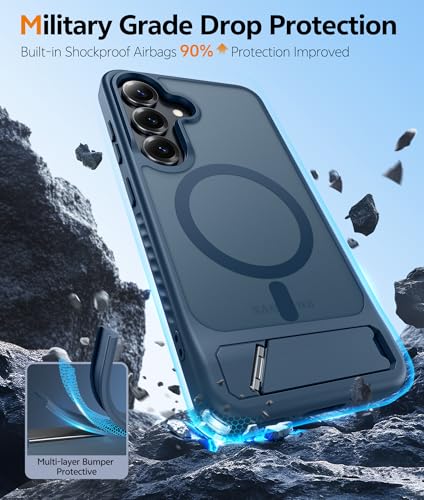 Image of FNTCASE for Samsung Galaxy S25-Plus Case: [Magnetic Stand] [Compatible with Magsafe] Translucent Matte Military Grade Shockproof Drop Rugged Protective Phone Cover, Blue