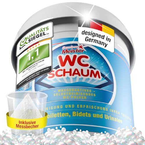 SAUBER MEISTER WC SCHAUMREINIGER PULVER – Extra starker WC Schaum für gründliche Sauberkeit – Kraftvoller WC-Reiniger gegen Kalk & Urinstein – Selbstreinigende Pulverform – 1000 g