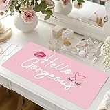 Makeup Mat for Vanity Top Protector, Dual-Sided Vanity Mat Waterproof Dressing Desk Makeup Table Cover Pad Hello Gorgeous (Baby Pink/Silver, 23.6'x11.8')
