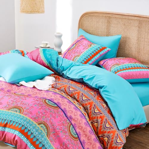 Image of Wake In Cloud - Boho Comforter Set, Bohemian Chic Colorful Medallion with Geometric Botanical Flowers and Horizontal Stripes, Soft Lightweight Bedding, 3 Pieces, Pink Teal, Queen Size