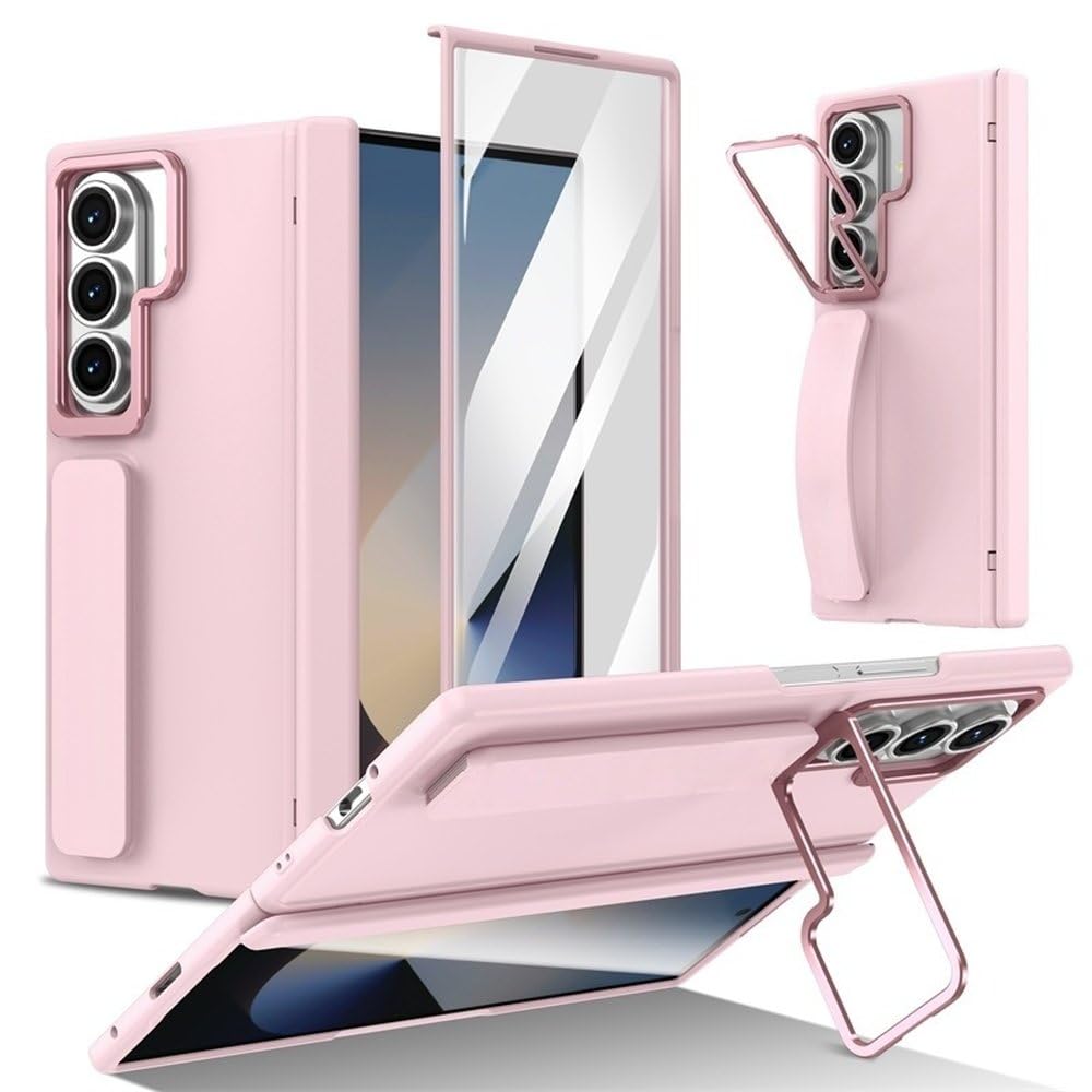 Etui na telefon z magnetycznym zawiasem do Samsunga Galaxy Z Fold 7 3 4 5 6, szkło ochronne na ekran, wysuwana osłona na długopis, różowe, do Galaxy Z Fold 5