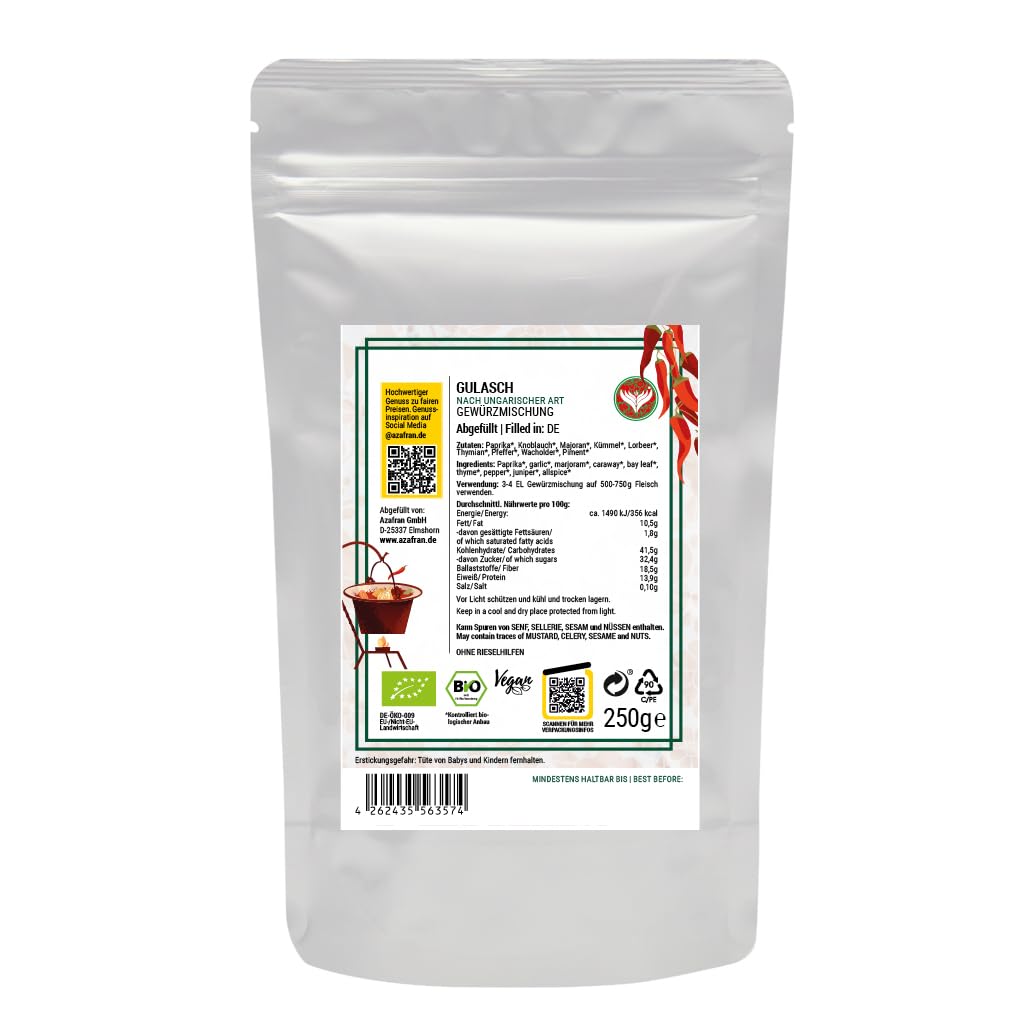 Azafran BIO Gulaschgewürz, Gewürz für Gulasch, Gulaschsuppe & Schmorgerichte, Gewürzmischung ideal für Rind oder Schwein 1kg