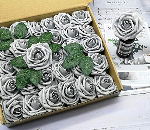 D-Seven Artificial Flowers 30Pcs Real Looking Fake Roses With Stem For Diy Wedding Bouquets Centerpieces Party Baby Shower Home Decorations (Silver Gray) #TOP1