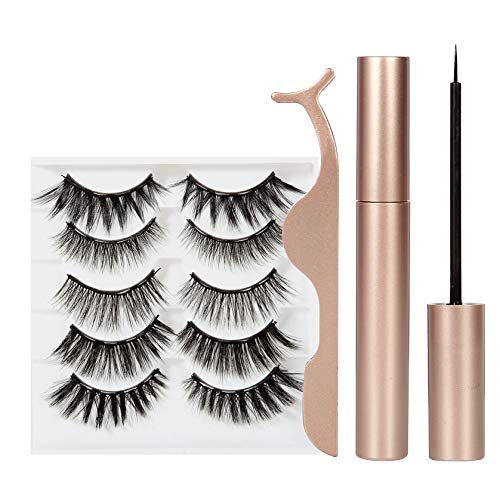 Magnetic Eyeliner and Magnetic Eyelashes Kit, False Lashes 5 Pairs with Tweezers,Magnetic Eyeliner for Magnetic Lashes Set, Reusable Magnetic Eyelashes Magnetic Lash Liner Kit,Easy to Apply