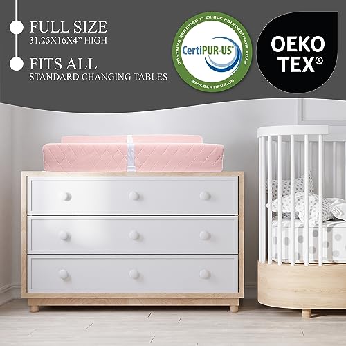 Organic Cotton Contoured Changing Pad | Topper for Standard Size Infant Diaper Table or Dresser w/Waterproof Cushion Mattress Includes Removable and Washable Cover, Safety Strap, Non-Slip Grip Bottom