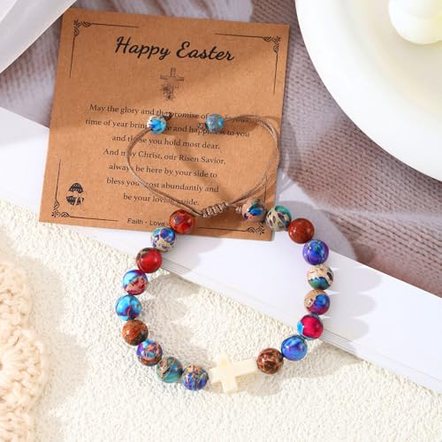 Image of enasal Easter Basket Stuffers for Teens Girls, Nature Stone Easter Gifts Cross Bracelet, Christian Gifts Inspirational Jewelry