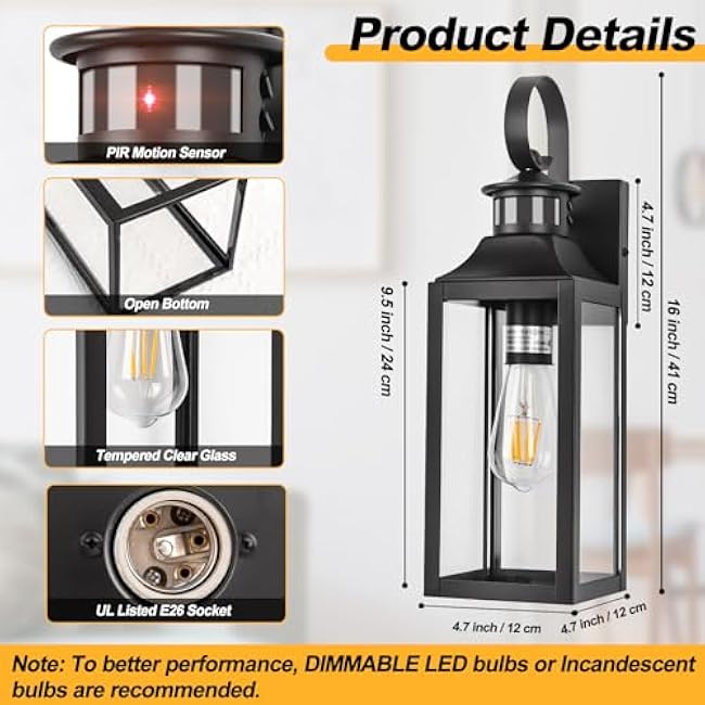 Motion Sensor Outdoor Wall Lights 2 Pack, Black Dusk to Dawn Light Fixtures Wall Mount, 16 Exterior Wall Sconces Waterproof, Large Outside Lamps for House, Modern Porch Lanterns 3 Modes