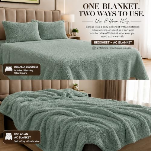 Image of Rangrika.in Blake Collection Ultra Soft Plush Dual Purpose Blanket & Bedsheet | Warm Cozy Bed Blanket with 2 Matching Pillow Covers | All Season Bedding Set