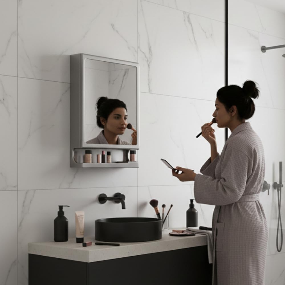 CIPLA PLAST New Look Plastic Multipurpose Cabinet | Storage Organiser | Strong Plastic Bathroom Shelves Wall Mounted | Bathroom Accessories| Mirror Cabinet-(Made in India) (Metallic Grey) 3