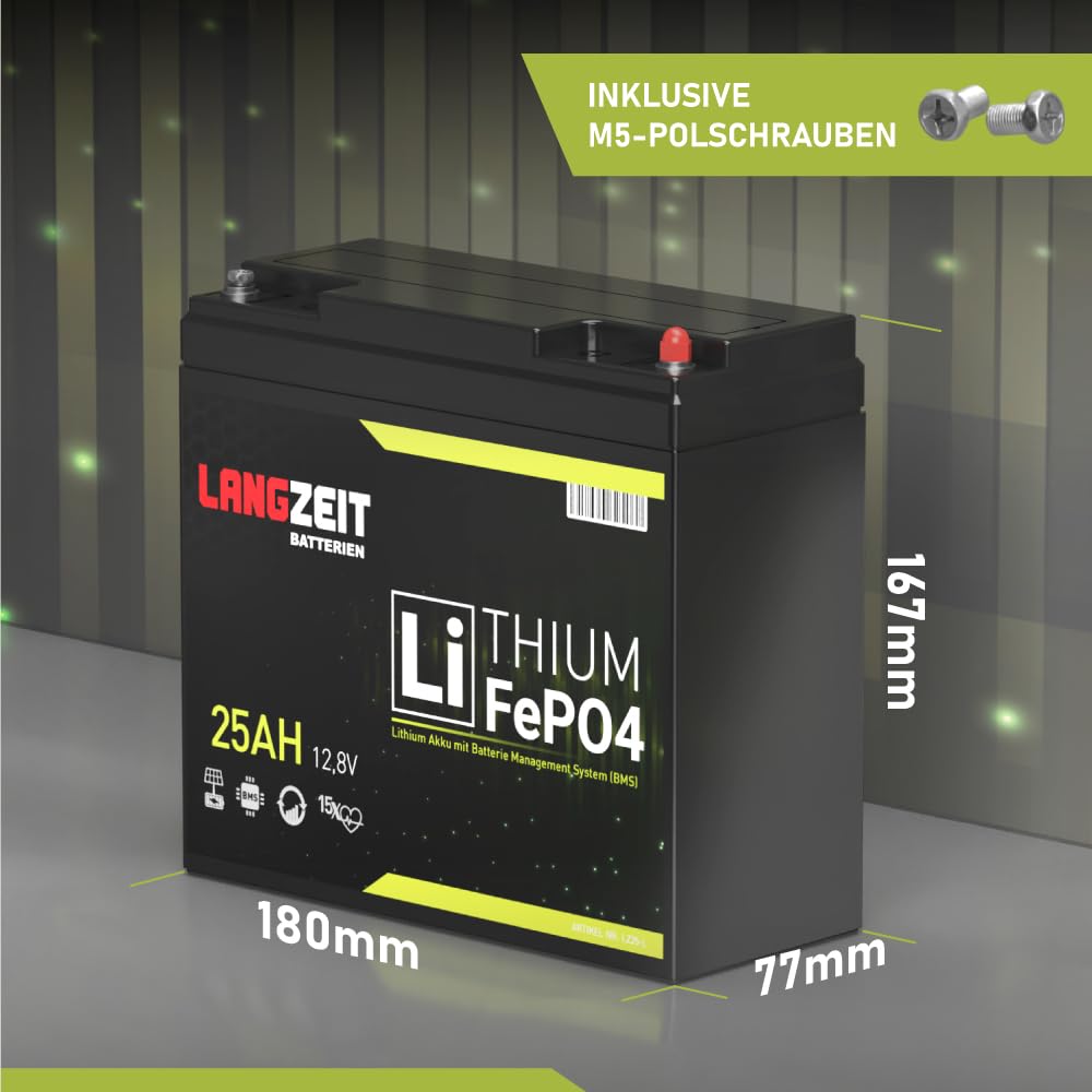 LANGZEIT LiFePO4 12V 25Ah Akku Lithium Batterie Wohnmobil Batterie Solarbatterie Lithium Eisenphosphat Solar USV ersetzt 24Ah 26Ah 30Ah