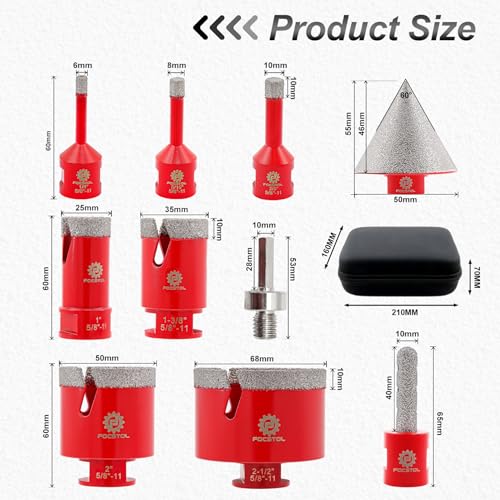 Image of Diamond Core Drill Bit Set - FOCSTOL 10pcs (6 /8 /10 /25 /35 /50 /65mm+10mm Finger Milling Bit+50mm Beveling Chamfer Bit+Hex) Hole Saw Kit for Porcelain Ceramic Tile Marble Granite with 5 /8''-11 Thread