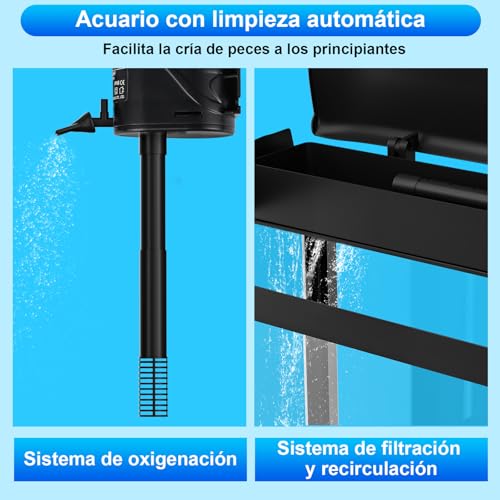 Vankarr 15L Acuario de Cristal Acuarios y Peceras Completas,con Sistema de Filtrado Integrado e Iluminación LED,Acuarios de Iniciación, Negro - imagen 4