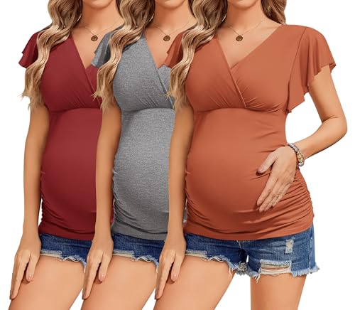 Ekouaer Women's Maternity Tops 3 Packs V Neck Breastfeeding Shirts Short Sleeve Pregnancy Blouses Caramel/Grey/Wine Red L