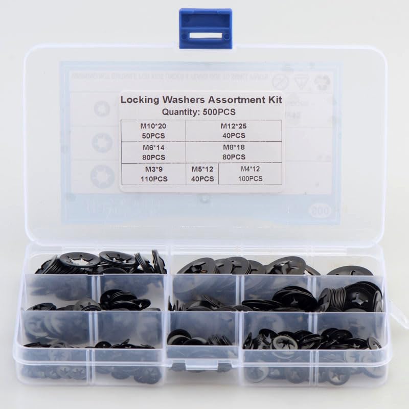 500PCS 65 Mn Steel M3-M12 Star Lock Locking Washers Assortment Kit Plum Blossom Hole Retaining Ring Bearing Clip - (Color: 500PCS)
