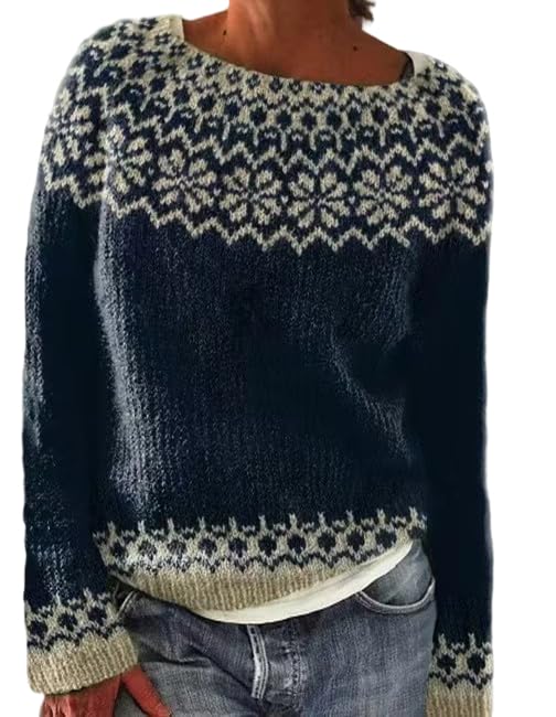 OSCORP Womens Fair Isle Crew Neck Sweater Long Sleeve Knit Pullover Warm Casual Fall Winter Sweater