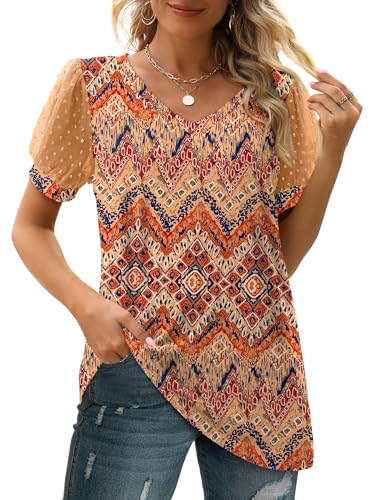 Image of Aokosor Womens Summer Tops V Neck T Shirts Swiss Dot Puff Sleeve Tops Loose Casual Tshirts